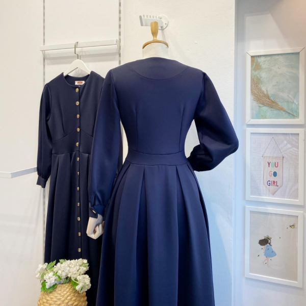 Lacivert Gold Düğmeli Scuba Elbise