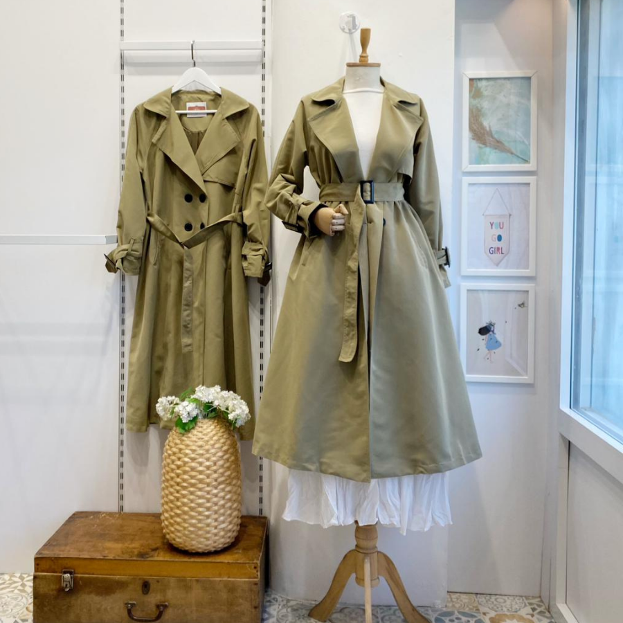 Haki Yeşili Sentinel Düğmeli Gabardin Trenç