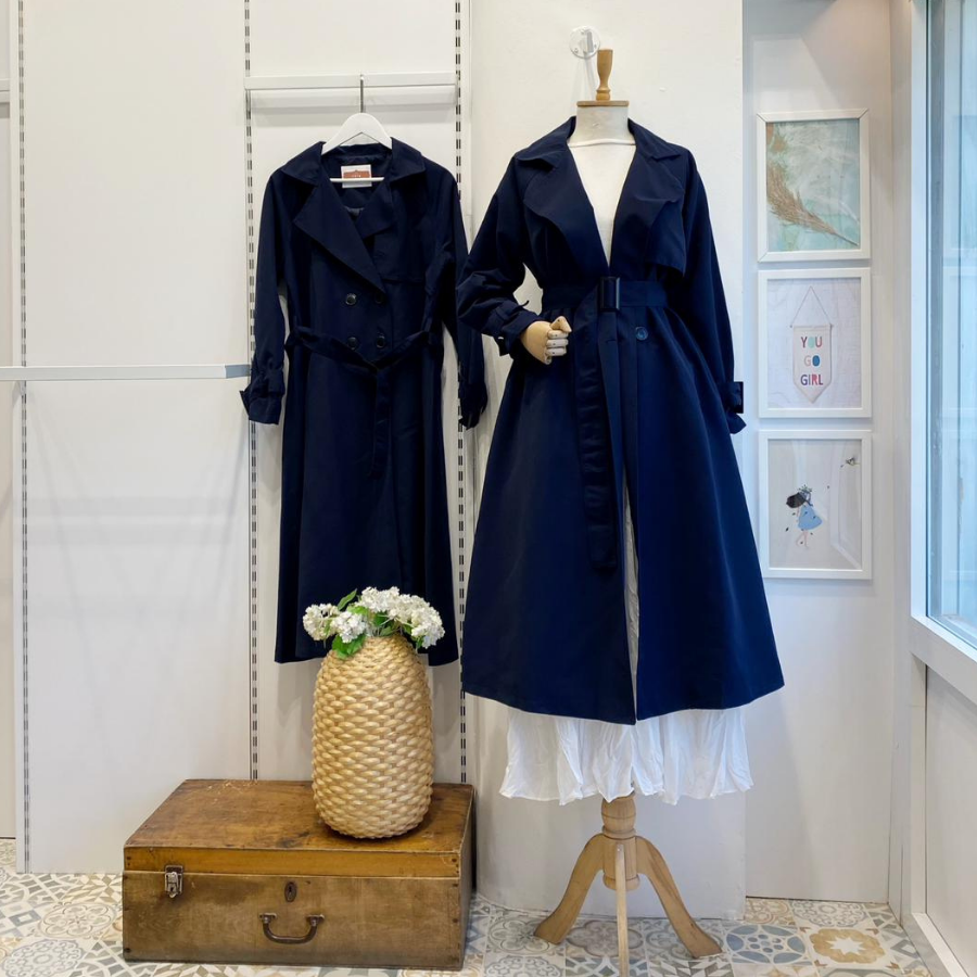 Lacivert Sentinel Düğmeli Gabardin Trenç