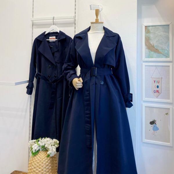 Lacivert Sentinel Düğmeli Gabardin Trenç