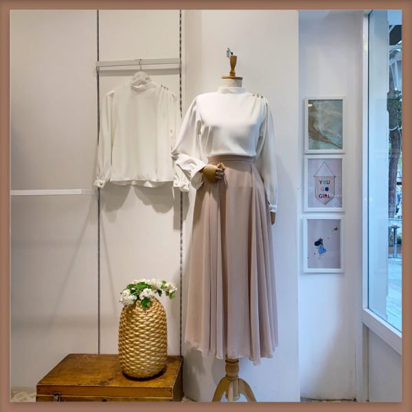 Krem İki Pileli Şifon Etek