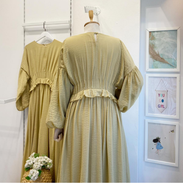 Yağ Yeşili Şifon Morian Elbise