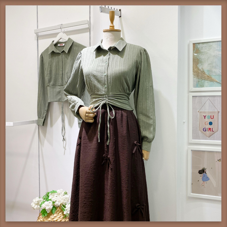 Beli Büzgülü Yeşil Gofre Gömlek