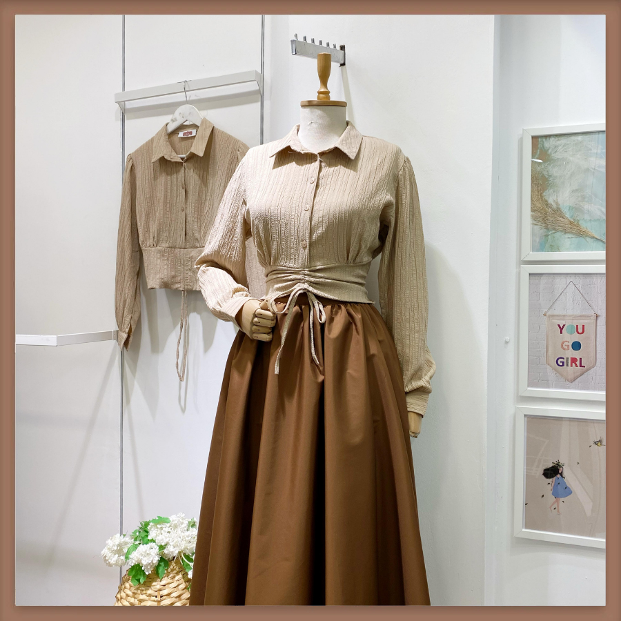 Beli Büzgülü Vizon Gofre Gömlek