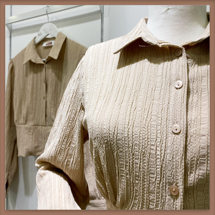 Beli Büzgülü Vizon Gofre Gömlek