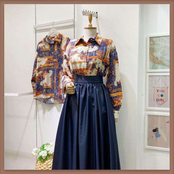 Lacivert Patchwork Desenli Gömlek