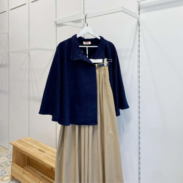 Lacivert Süet Kumaş Pelerin Ceket