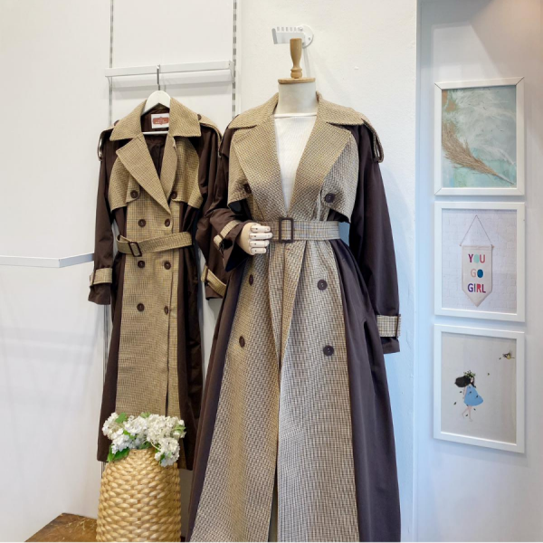 Kahverengi Ekose Detaylı Gabardin Kumaş Trençkot