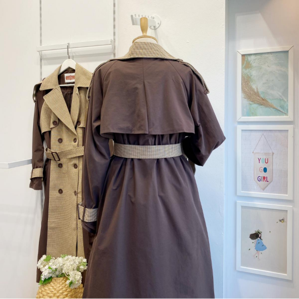 Kahverengi Ekose Detaylı Gabardin Kumaş Trençkot