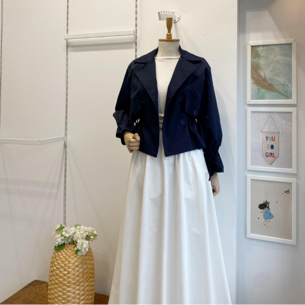 Lacivert Beli Büzgülü Kısa Trençkot