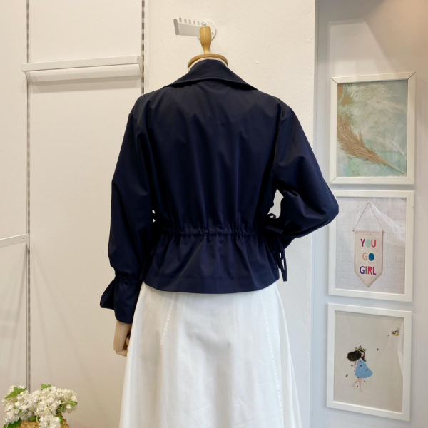 Lacivert Beli Büzgülü Kısa Trençkot