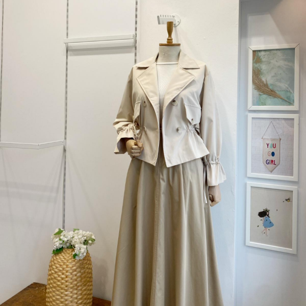 Krem Beli Büzgülü Kısa Trençkot