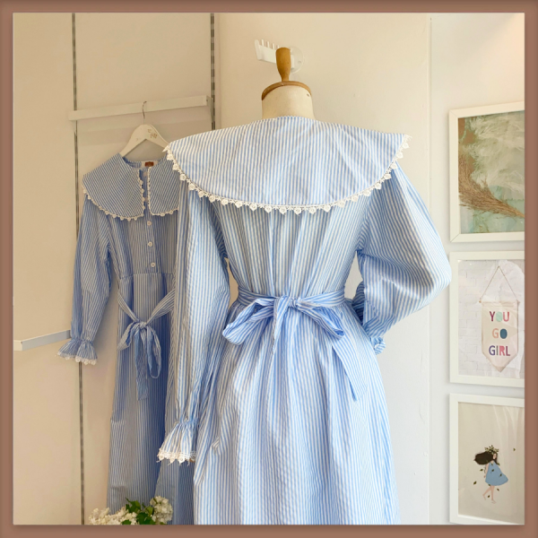 Mavi Çizgili Bebe Yaka Poplin Çizgili Elbise