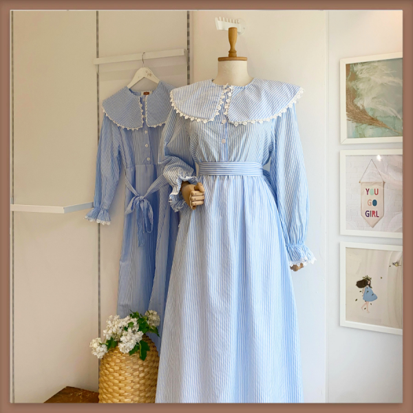 Mavi Çizgili Bebe Yaka Poplin Çizgili Elbise