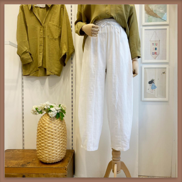 Beyaz Keten Dökümlü Pantolon