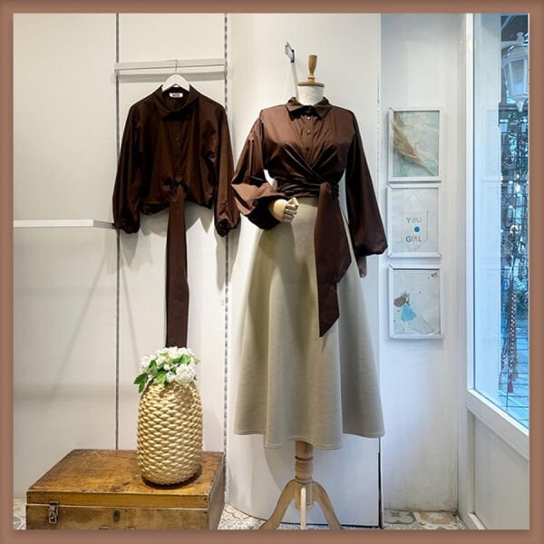 Kahverengi bağlamalı balon kol gömlek