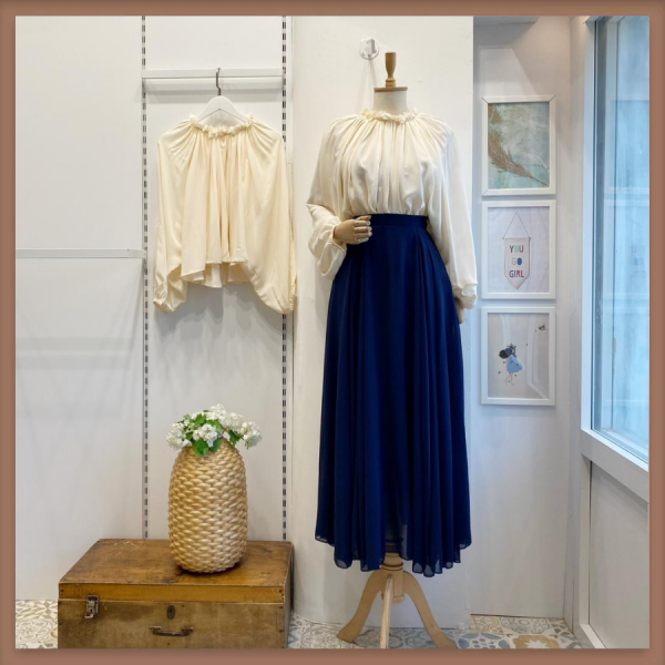 Lacivert İki Pileli Şifon Etek