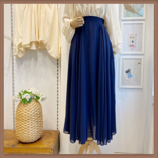 Lacivert İki Pileli Şifon Etek