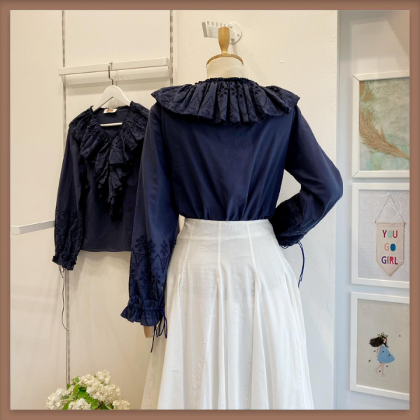 Brode Volanlı Lacivert Keten Gömlek