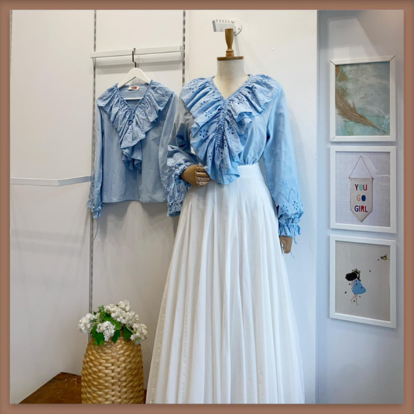 Brode Volanlı Bebe Mavisi Keten Gömlek