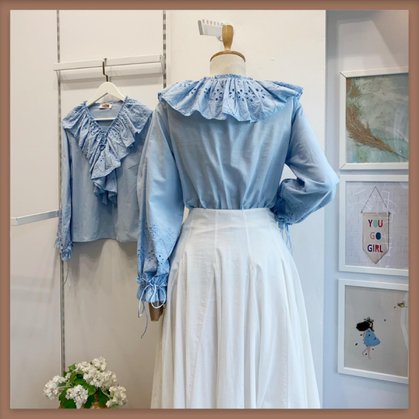 Brode Volanlı Bebe Mavisi Keten Gömlek