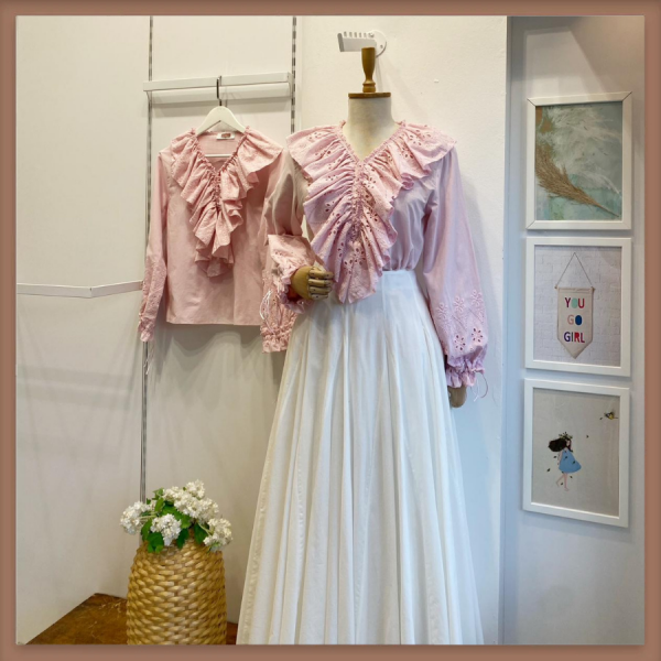 Brode Volanlı Pembe Keten Gömlek