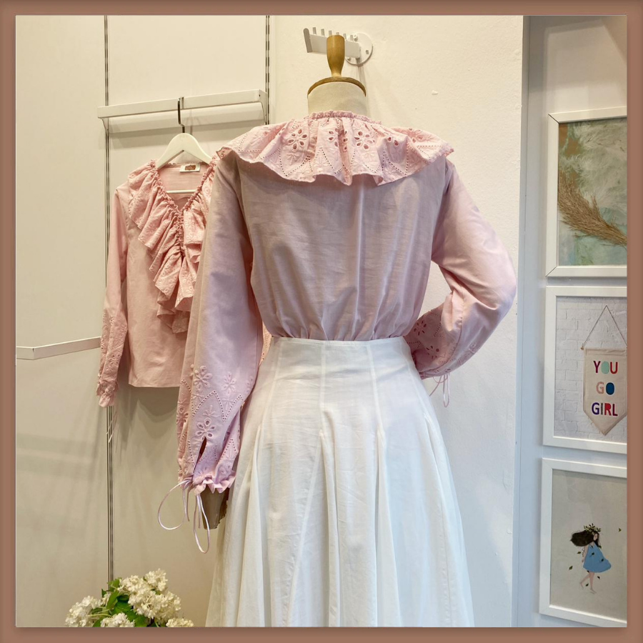 Brode Volanlı Pembe Keten Gömlek