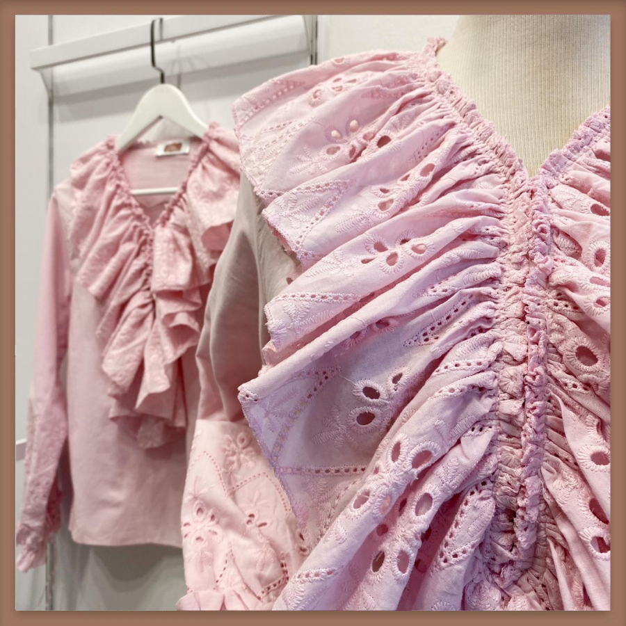 Brode Volanlı Pembe Keten Gömlek