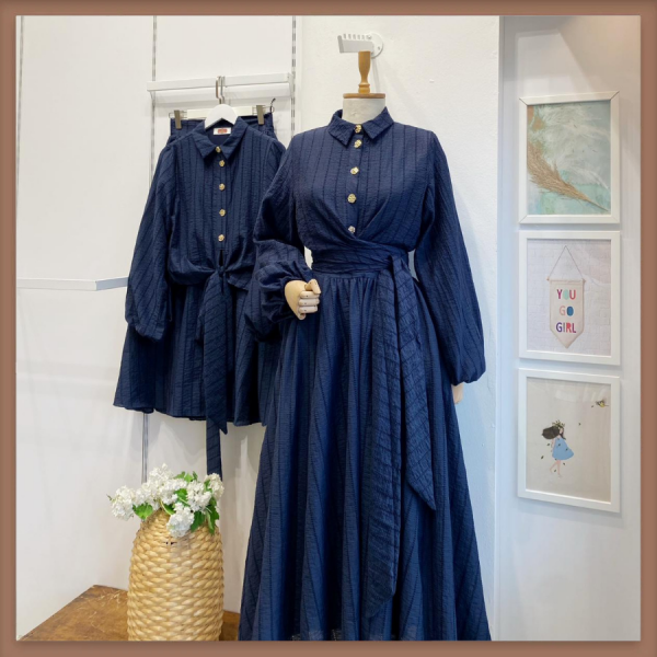 Lacivert Gold Düğmeli Gofre Takım