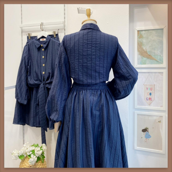 Lacivert Gold Düğmeli Gofre Takım