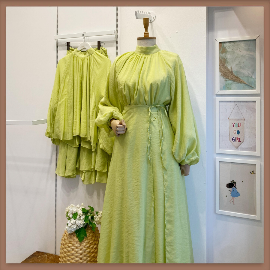 Dalgalı Şifon Kumaş Açık Yeşil Balon Kol Takım