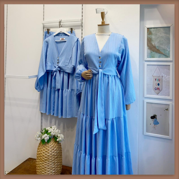 Mavi Bağcık detaylı Balon Kol Gofre Takım