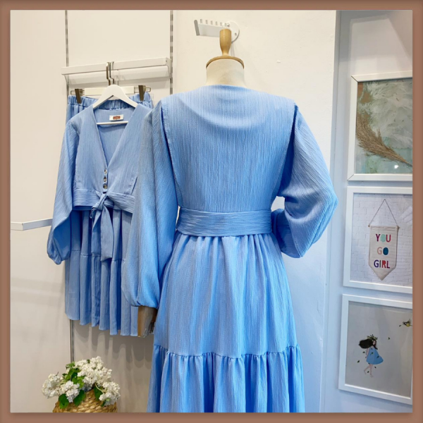 Mavi Bağcık detaylı Balon Kol Gofre Takım