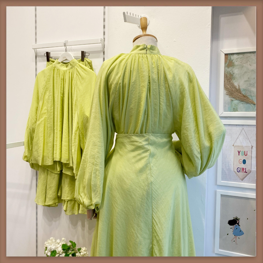 Dalgalı Şifon Kumaş Açık Yeşil Balon Kol Takım