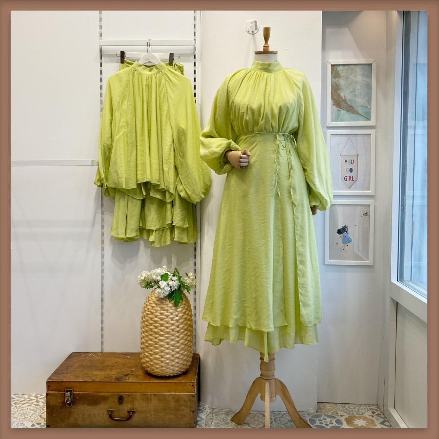 Dalgalı Şifon Kumaş Açık Yeşil Balon Kol Takım