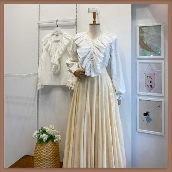 Brode Volanlı Beyaz Keten Gömlek