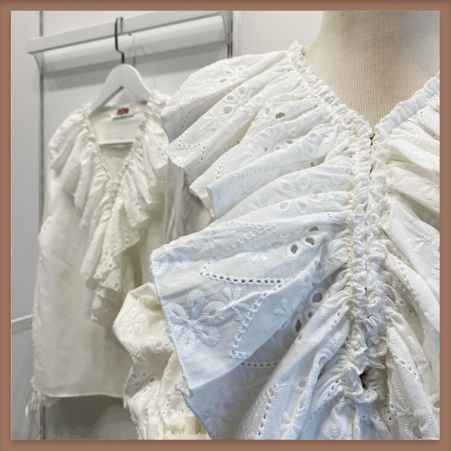 Brode Volanlı Beyaz Keten Gömlek