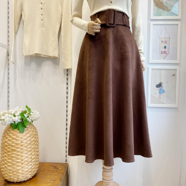 Çikolata Kahve Geniş Kemerli Süet Etek