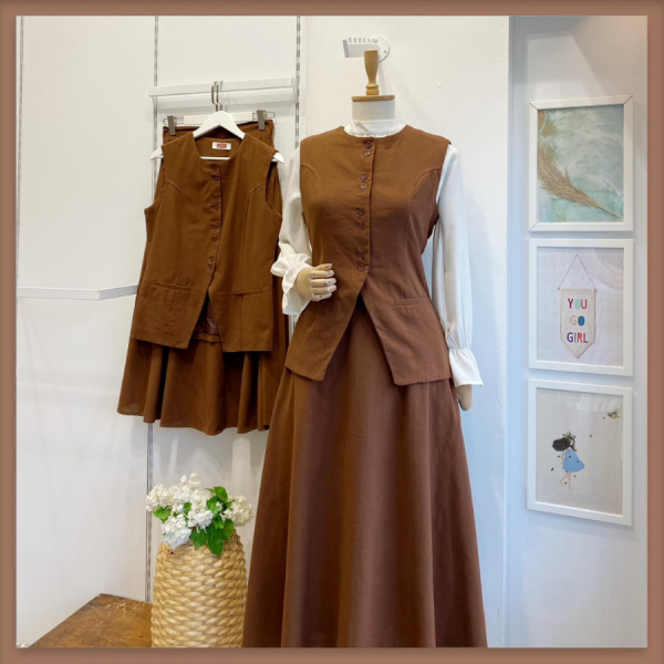 Acı Kahve Petal Keten Yelekli Takım