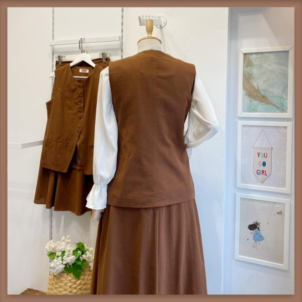 Acı Kahve Petal Keten Yelekli Takım