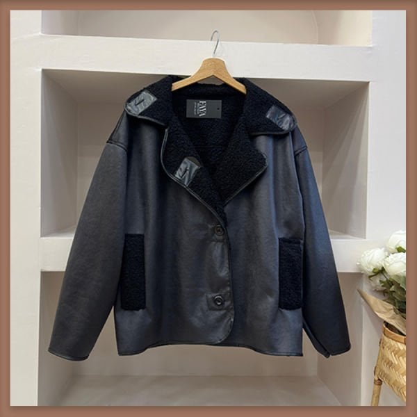 Siyah içi yün süet mont