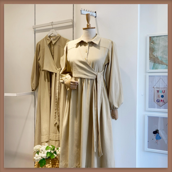 Gabardin Crop Detaylı Krem Elbise