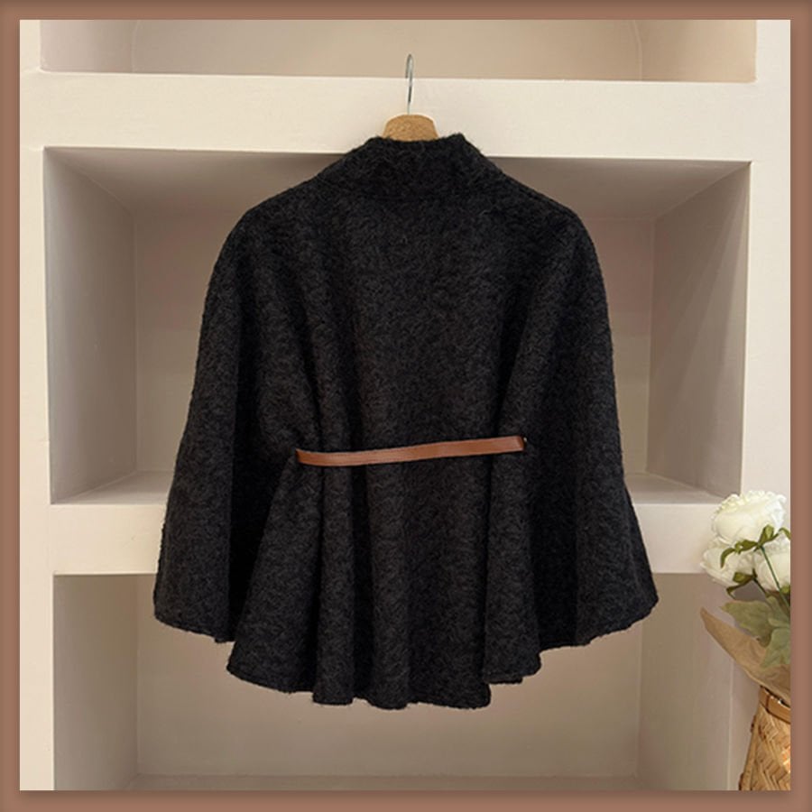 Siyah deri kemerli yün pelerin ceket