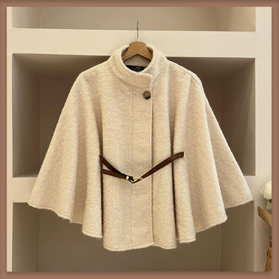 Ekru deri kemerli yün pelerin ceket
