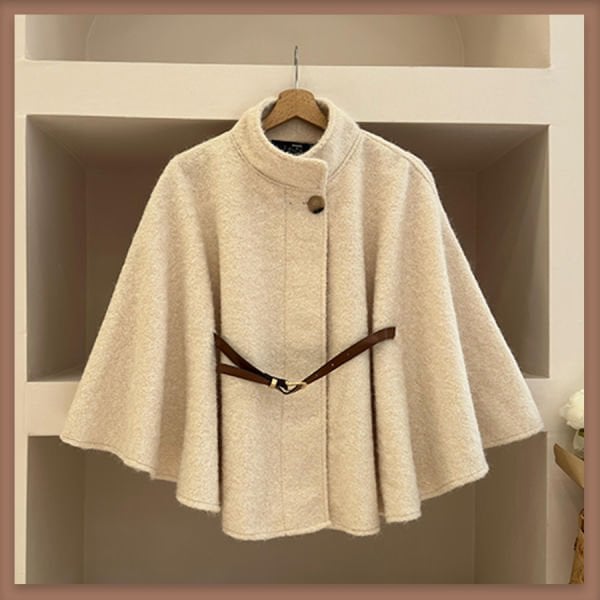 Ekru deri kemerli yün pelerin ceket