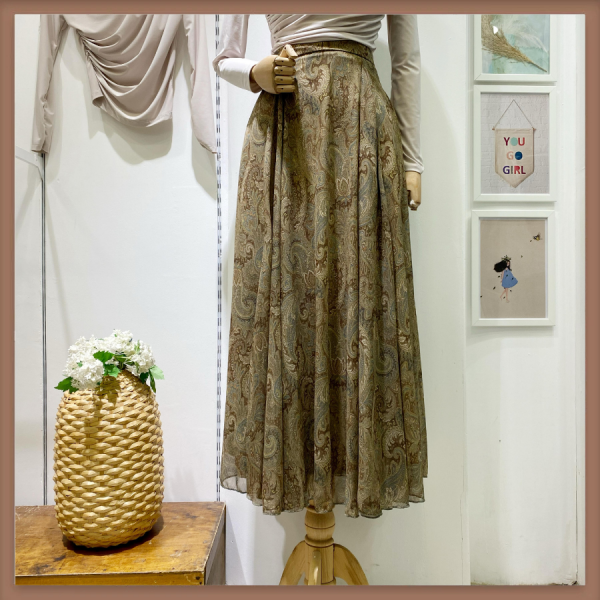 Şal Desenli Yeşil Şifon Etek