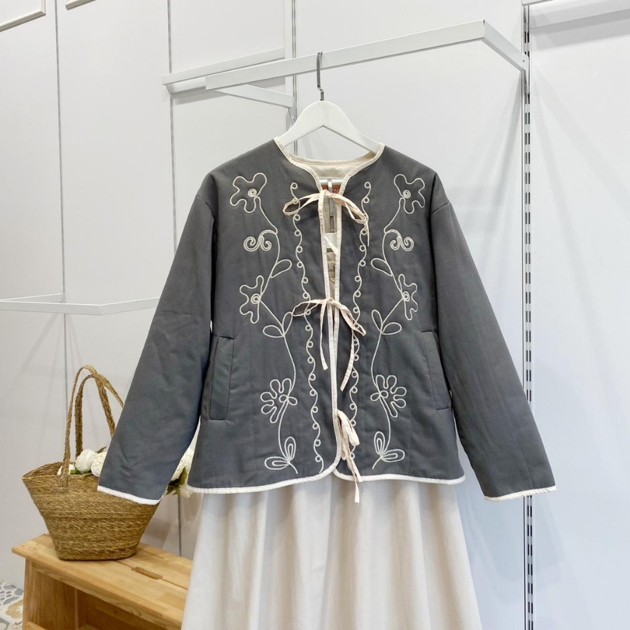Gri Nakışlı Florina Ceket