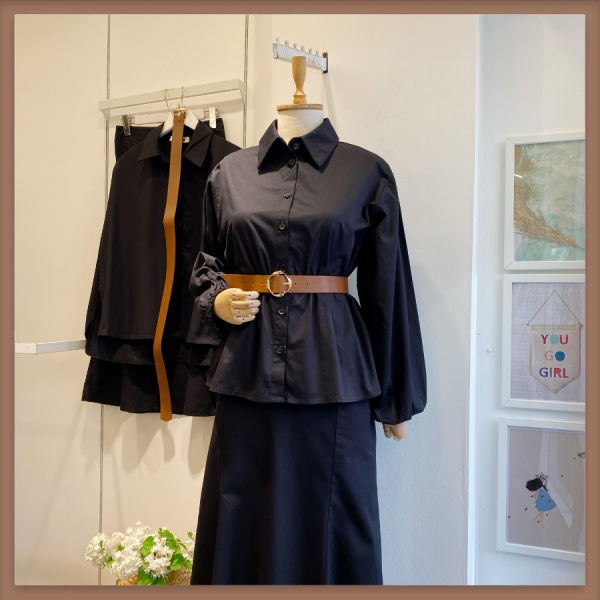 Kemerli İnce Gabardin Etekli Siyah Takım