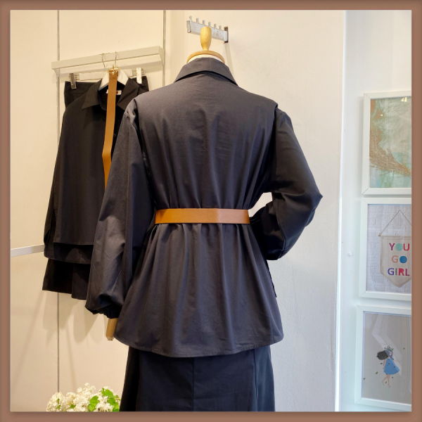 Kemerli İnce Gabardin Etekli Siyah Takım