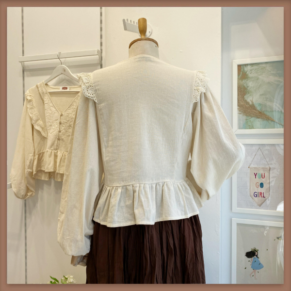 Krem İşlemeli Esquer Keten Gömlek